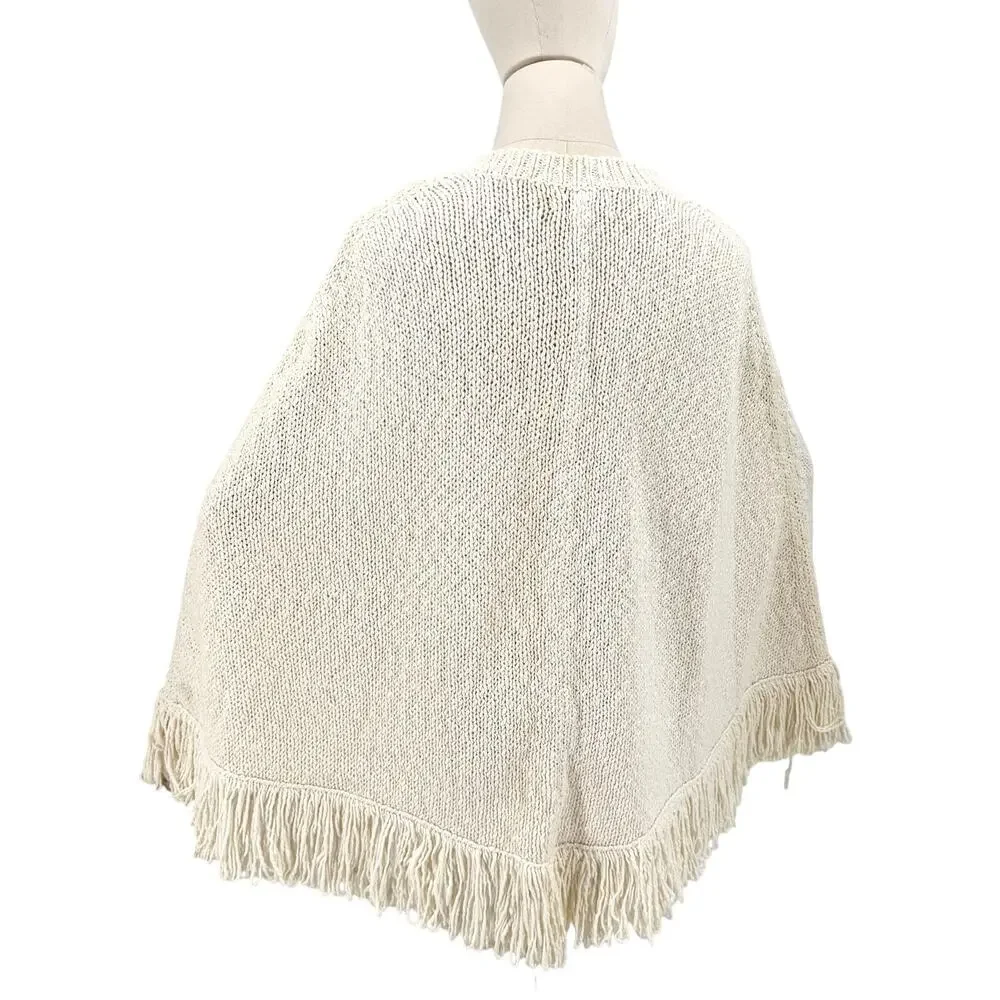 Vintage Y2K Talbots Ivory Pima Cotton Fringe Trim Poncho Sweater